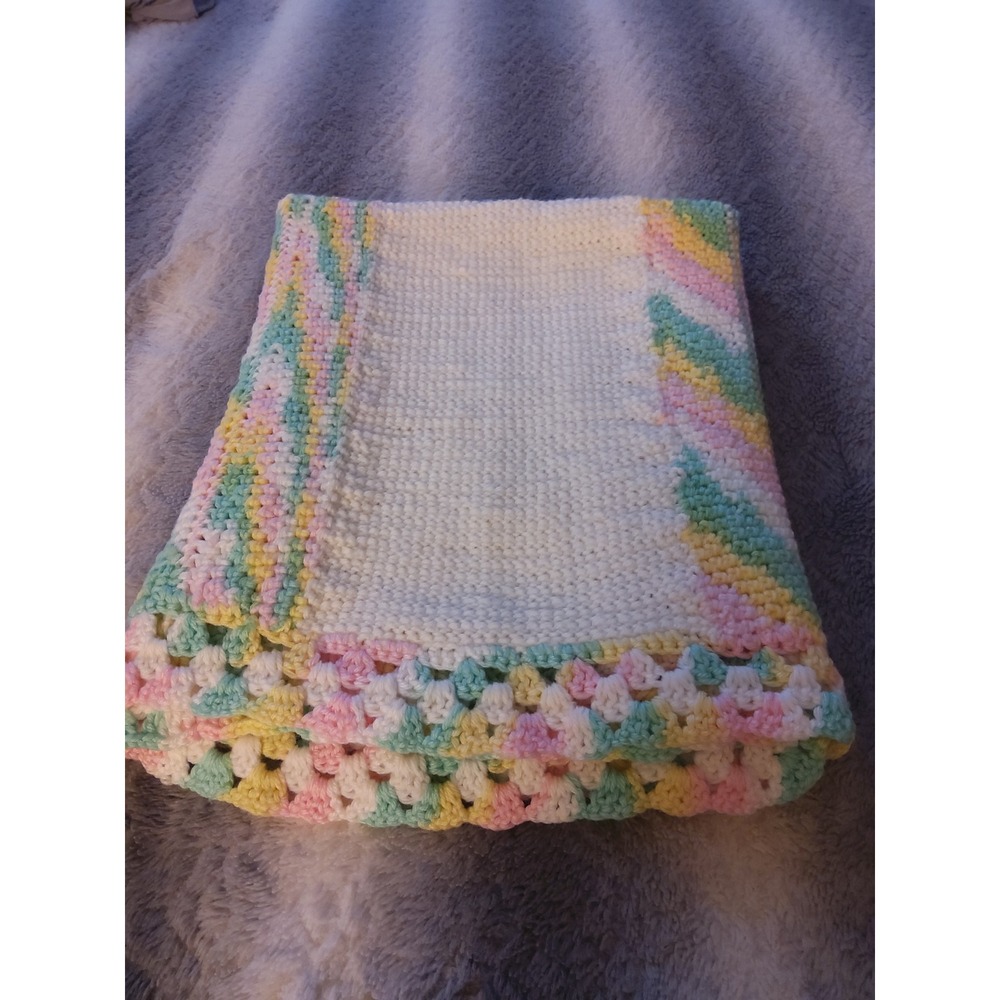 Handmade Crochet Baby Blanket Pastel Pink Yellow Green White Knit Throw 32x38